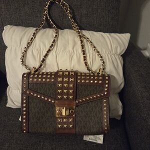 New Michael Kors Burgundy And Brown With Gold Studs Shoulder Bag